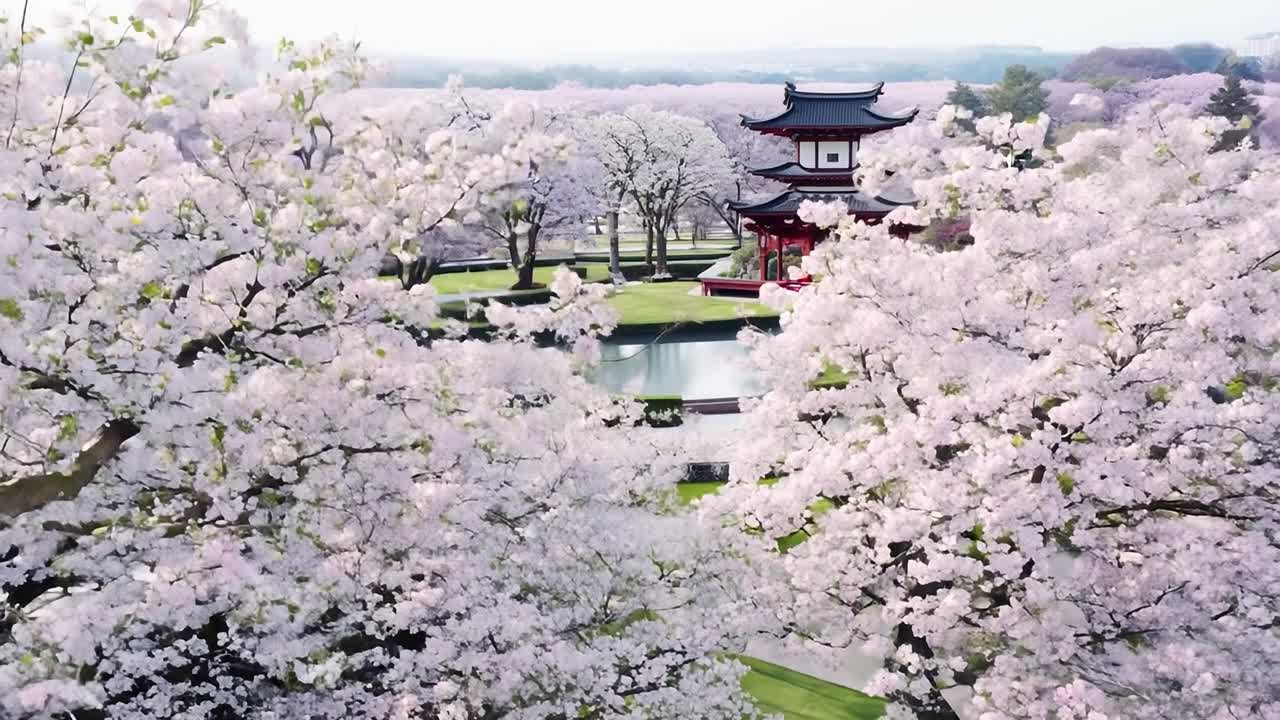 cámara panorámica de izquierda a derecha revelando un hermoso templo japonés rodeado de cerezos en flor