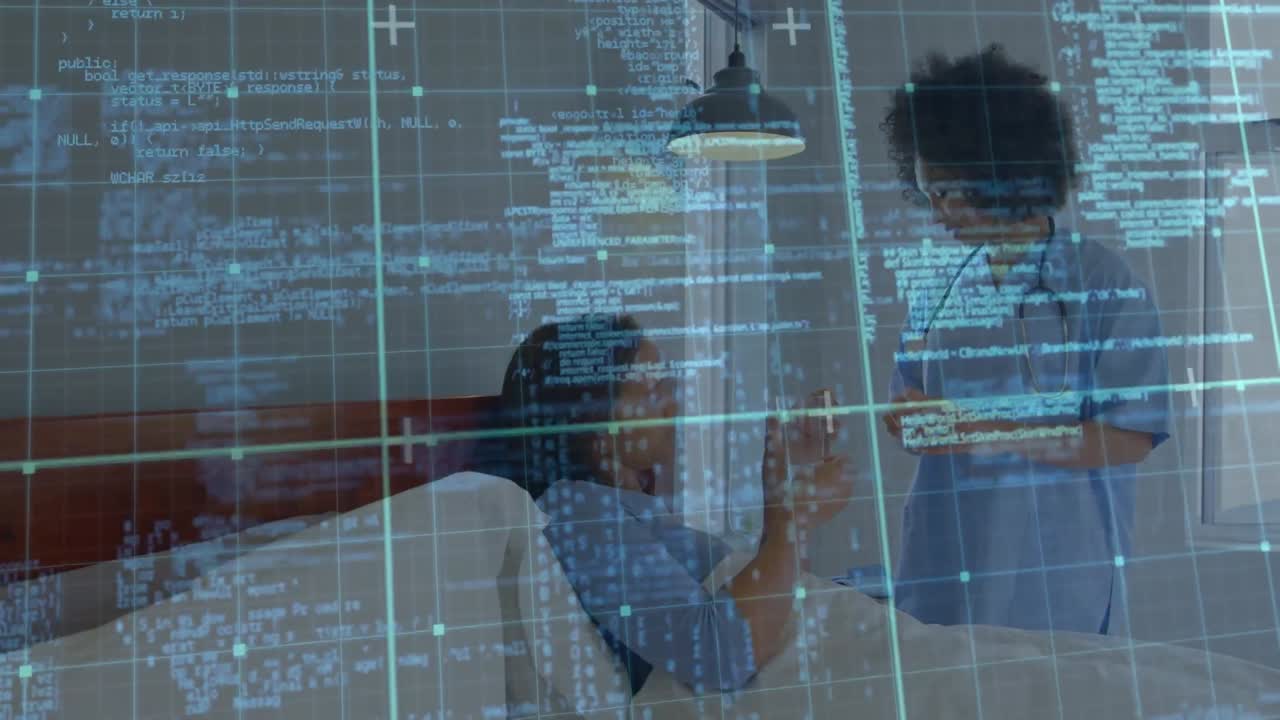 Animation of data processing over female doctor with senior patient