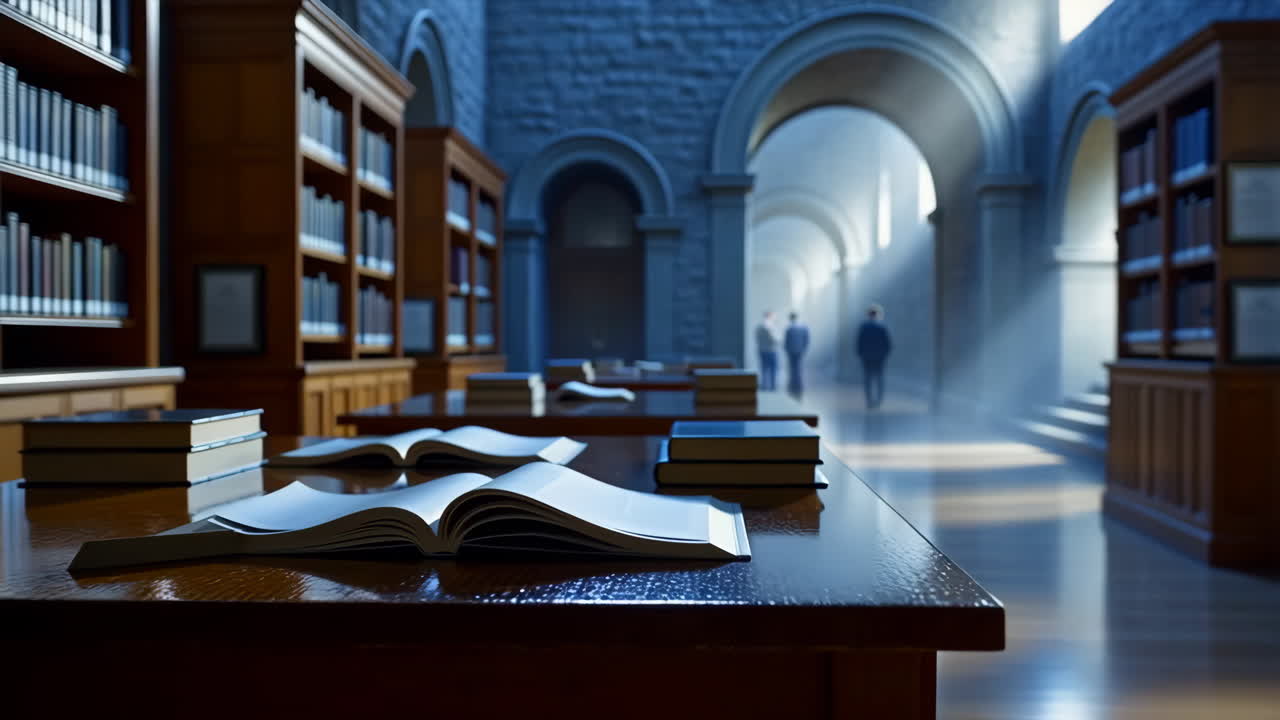 Grand Library Reading Room with Arched Hallway