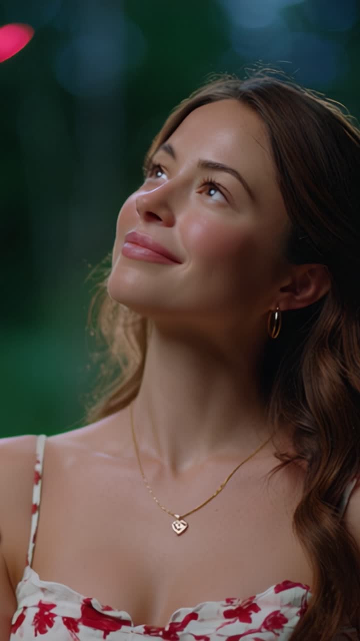 Una bella donna sorride dolcemente mentre guarda in lontananza, mostrando il suo atteggiamento pacifico e irradiando calore in mezzo a uno sfondo lussureggiante e vibrante.
