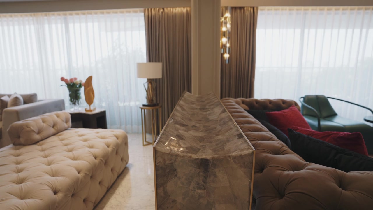 Shiny Marble Room Partition In The Living Room. Modern House Interior. dolly-out shot