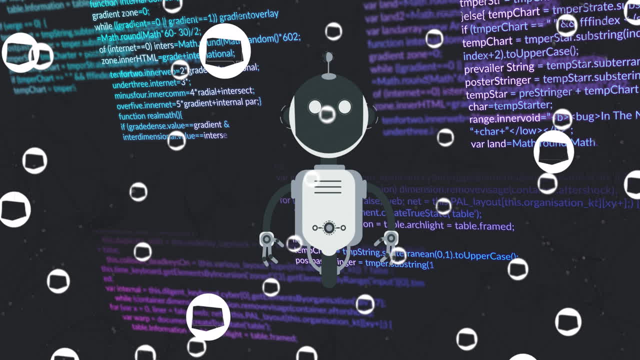 Animation of ai chat bot and icons over data processing background