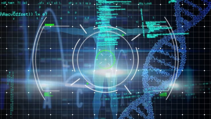 Animation of diverse data processing, human model and dna on black background