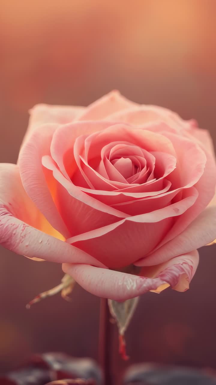 Video verticale: obiettivo che mette a fuoco una rosa rosa che sboccia in un giardino, mostrando la spirale interna, lo stelo, la rugiada