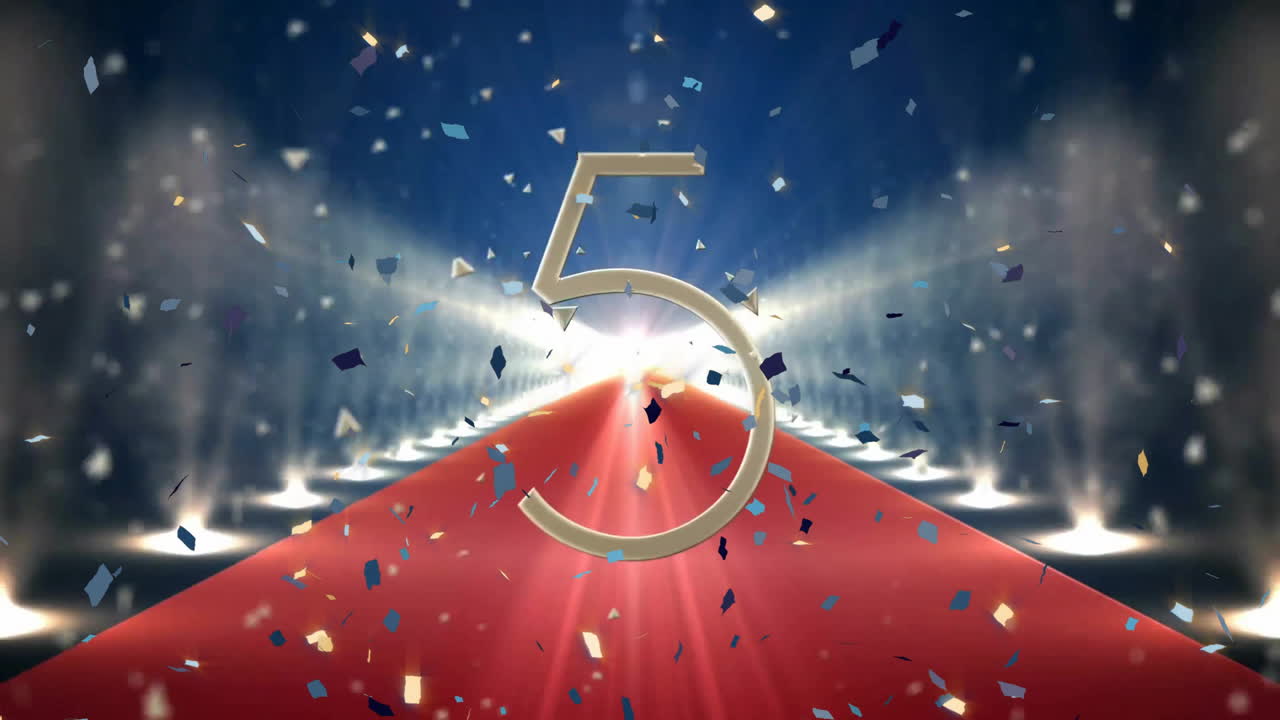 animación de cuenta atrás, confeti y texto de feliz año nuevo sobre alfombra roja sobre fondo negro