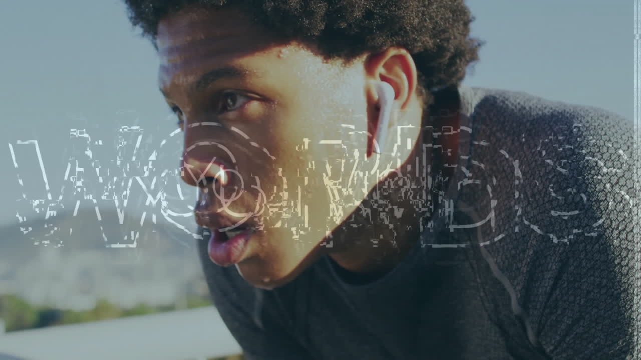 Man leaning forward outdoors, sweating and breathing heavily, showing wireless earbud fitness tech