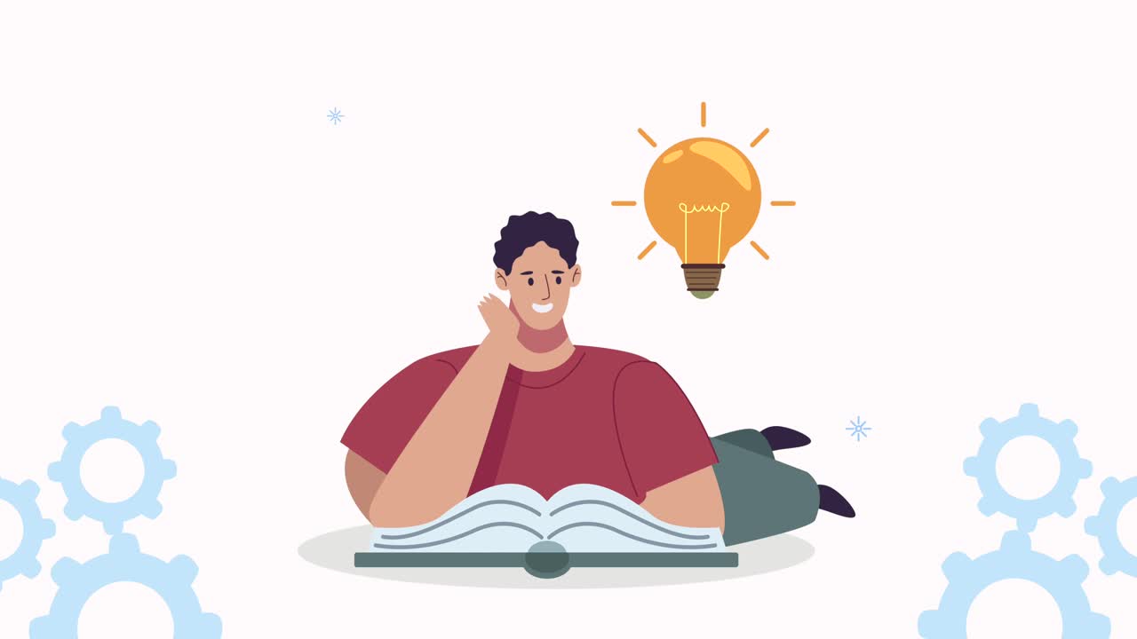 young student boy reading textbook with bulb