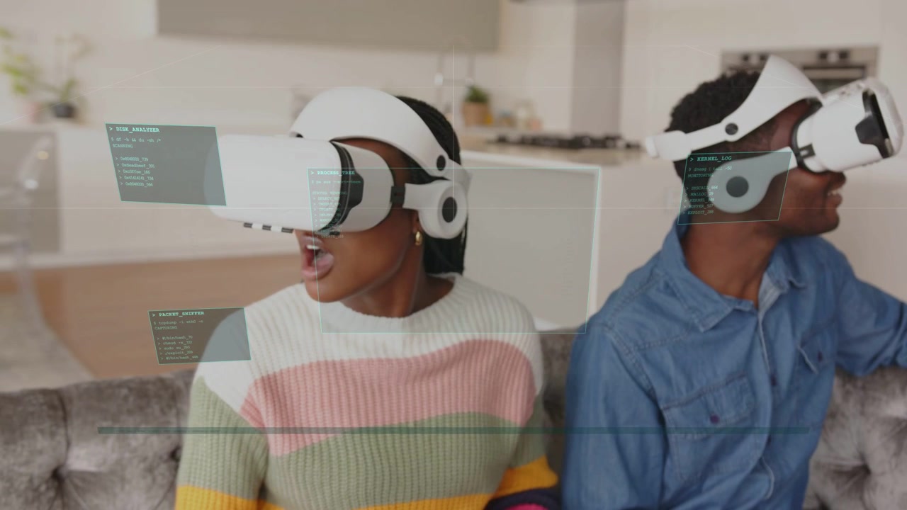 Couple on sofa, headsets activating and projecting UI panels, scanning virtual scenes for tech demo