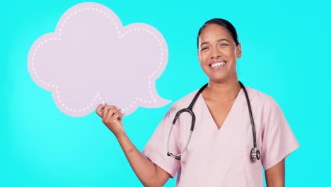 Speech-bubble,-poster-and-woman-nurse-with-smile