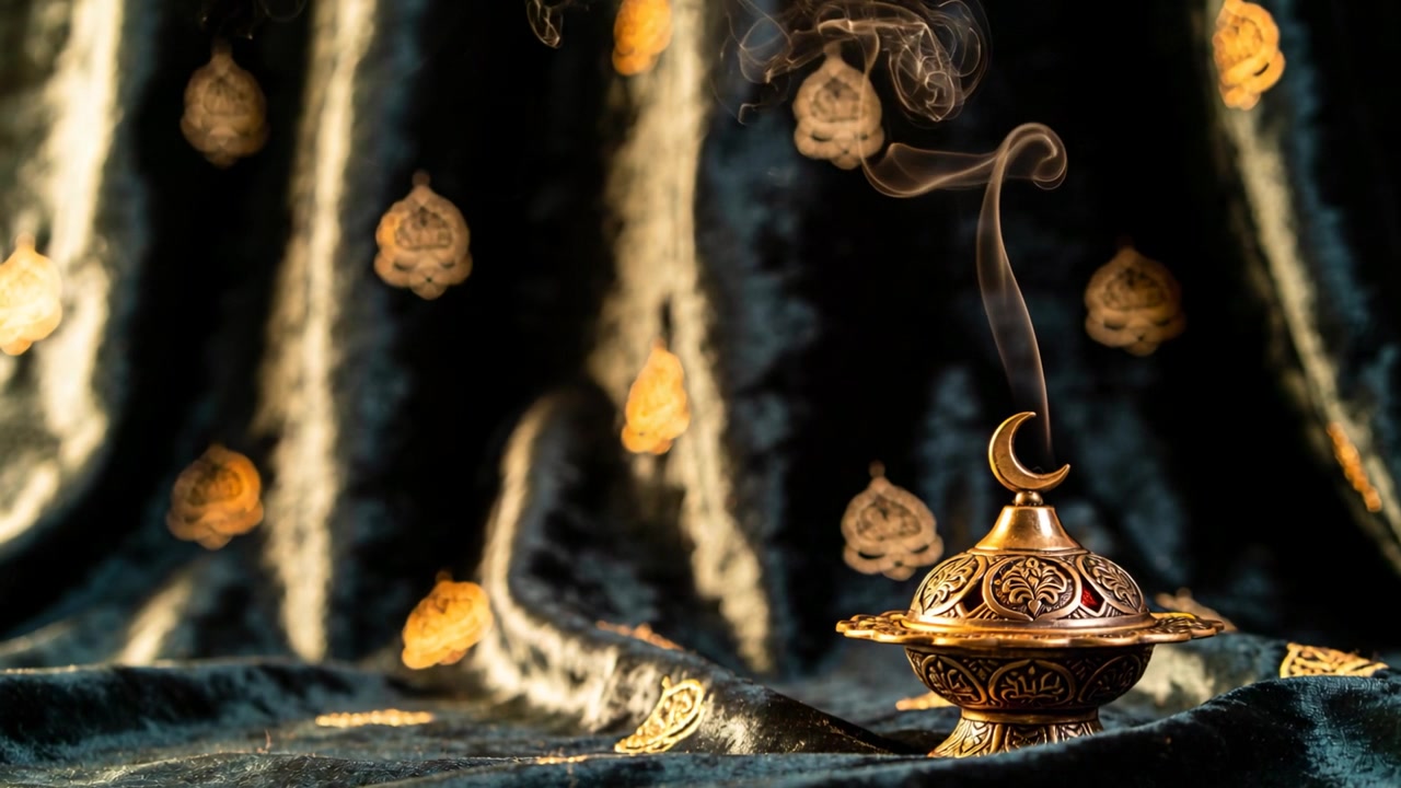Releasing brass censer sending curling smoke after lighting on teal fabric with gold motifs