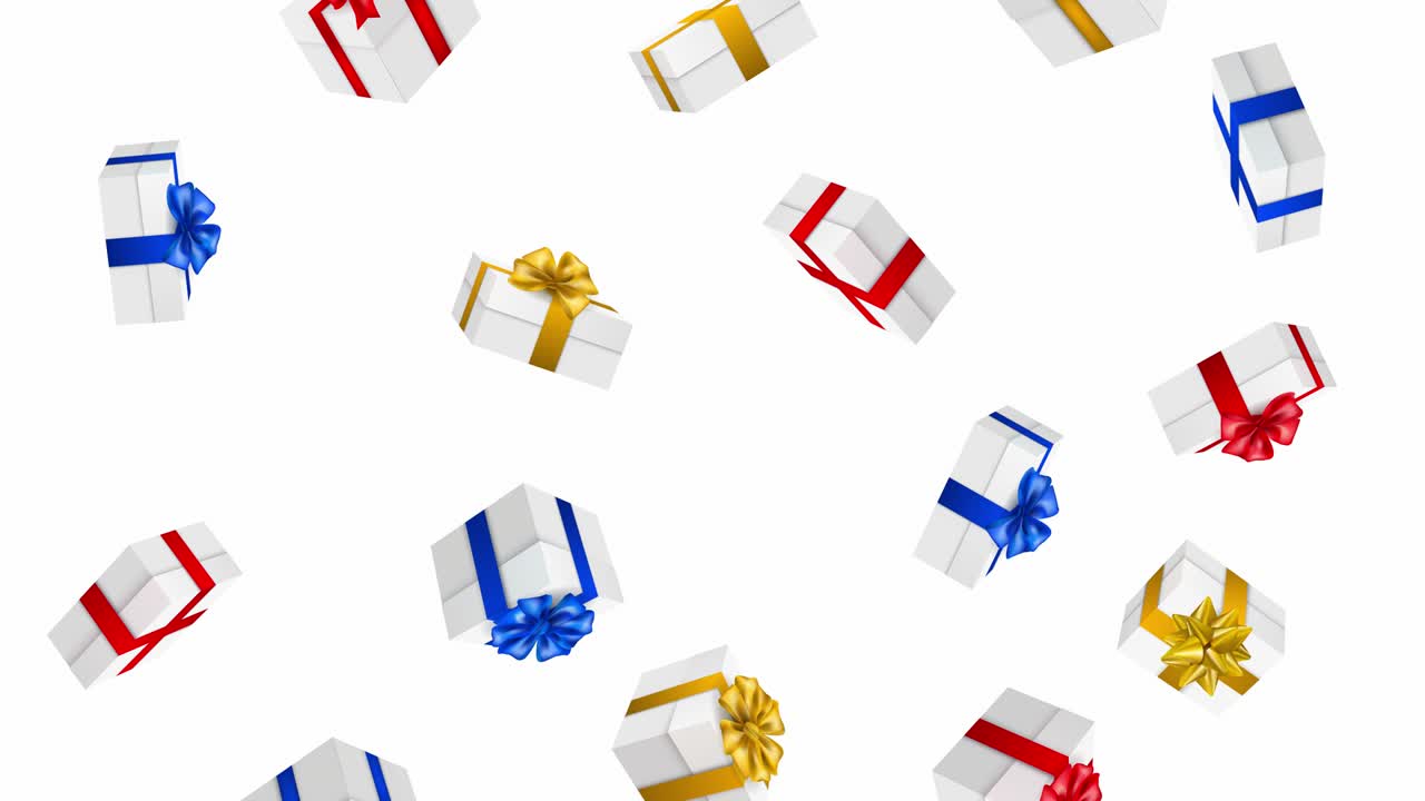 Animation of falling gifts boxes with colorful ribbons on white background. Festive design with gift box surprise. Seamless loop/ 4k video graphic animation