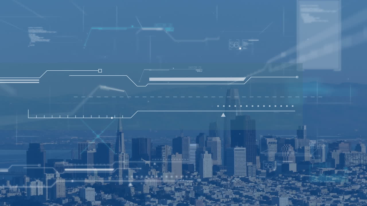 도시 풍경 위의 화면에서 데이터 처리의 애니메이션
