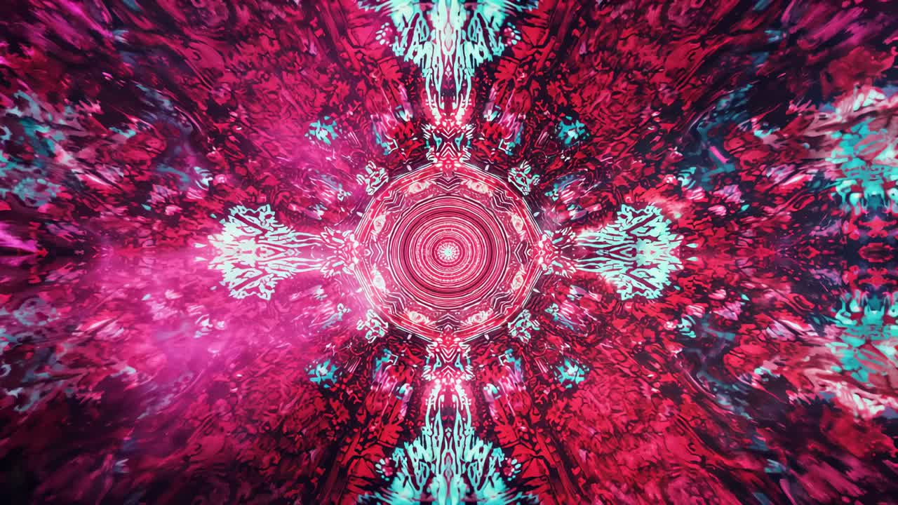 Loop starting mandala pattern shifting in digital area for looping glowing pink teal shapes pulsing