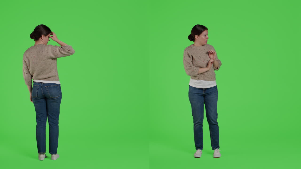 녹색 스크린에 있는 여자