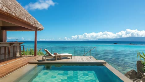 luxurious infinity pool blending seamlessly with turquoise ocean waters, creating mesmerizing panoramic view under cloudless azure sky at tropical resort destination