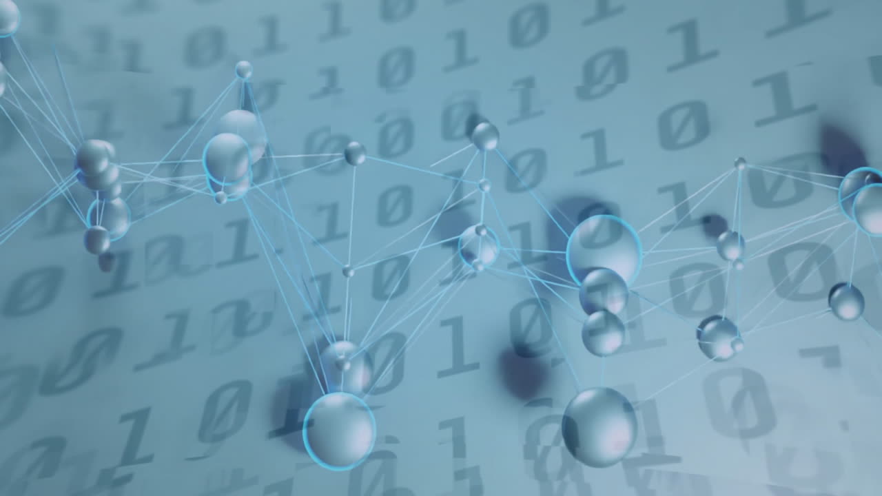 파란색 배경 위에 바이너리 코드와 분자 구조를 애니메이션화합니다.