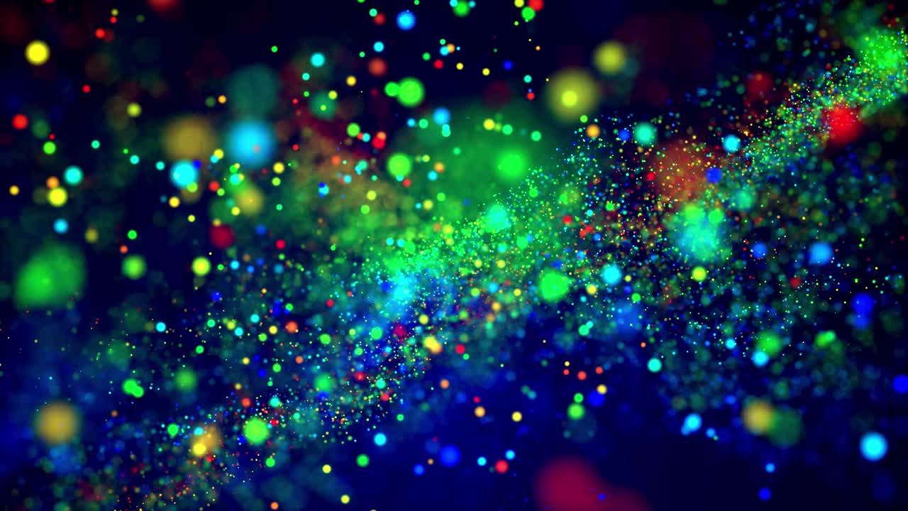 마법의 입자가 액체에 떠다니고, 보케 효과, 다채로운 입자가 물 에서 반이고, 아름다운 구름을 부드럽게 형성합니다.