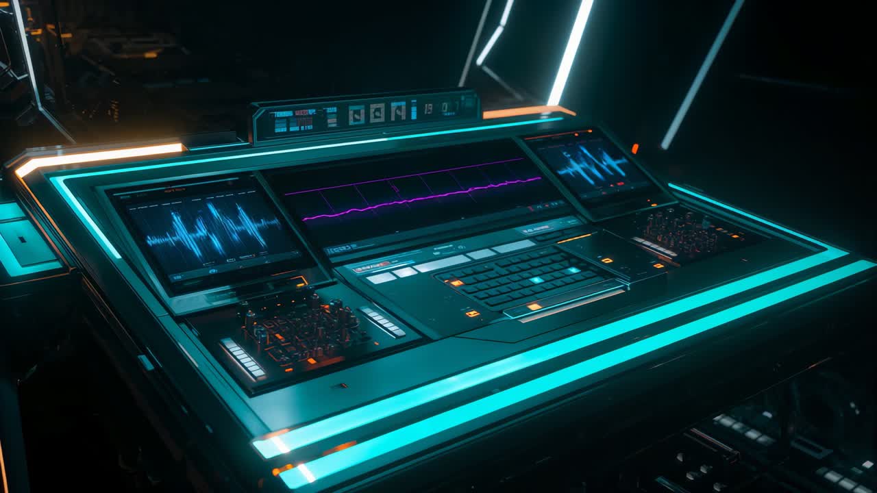 Powering control console in lab, pulsing purple waveform with spectrum screens, knobs, LED sliders