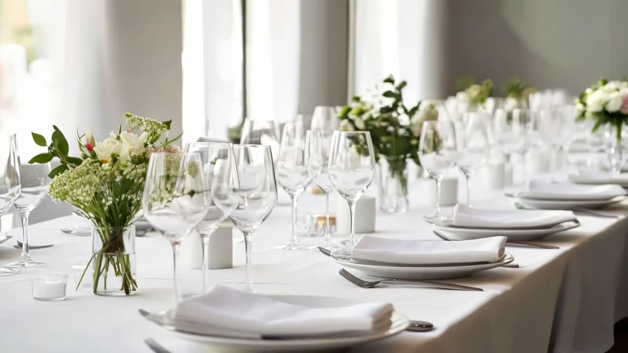 Pengaturan makan elegan dengan linen putih dan peralatan gelas, diambil dari sudut rendah