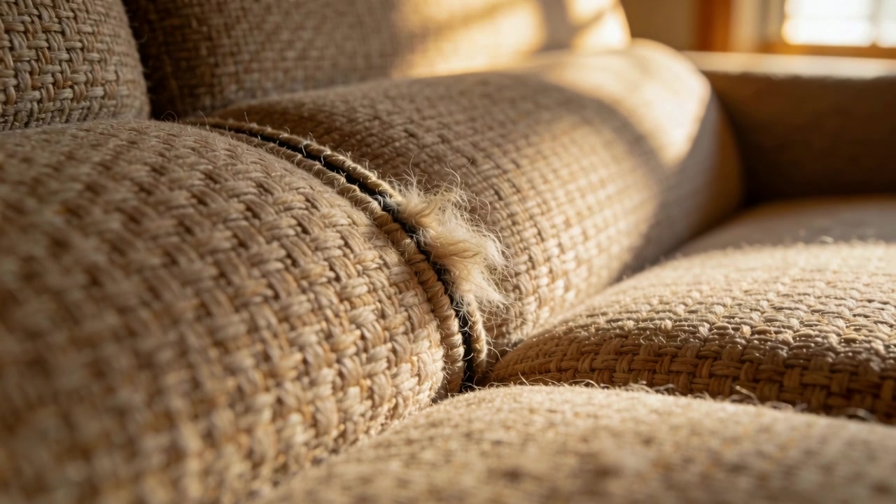 Sunlight shifting on beige woven sofa cushion revealing frayed tuft along seam near window frame