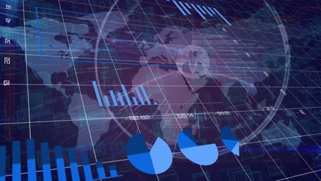 animación de gráficos y datos financieros sobre el mapa del mundo