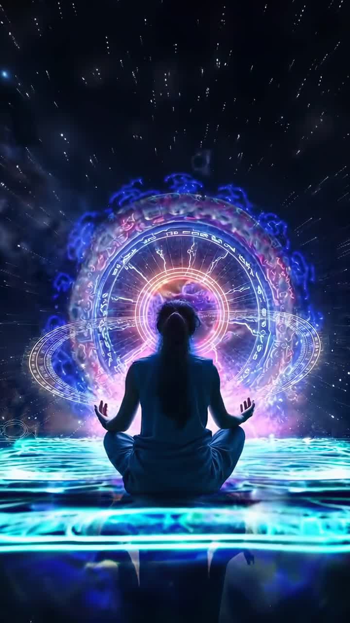 Un concept video mistico con vista dal basso di una persona che medita sotto luci cosmiche.