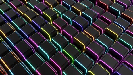 4k abstract looped dark background with black blocks like plates, keys or sticks in a rows on plane like light bulbs, running multicolor neon lights. vj loop for beat music, festive show