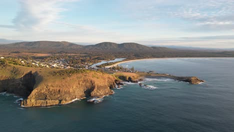 Crescent-Head---Goolawah-Beach---Pebbly-Beach---New-South-Wales--NSW---Australia---Aerial-Shot---Slow-Pan-Left