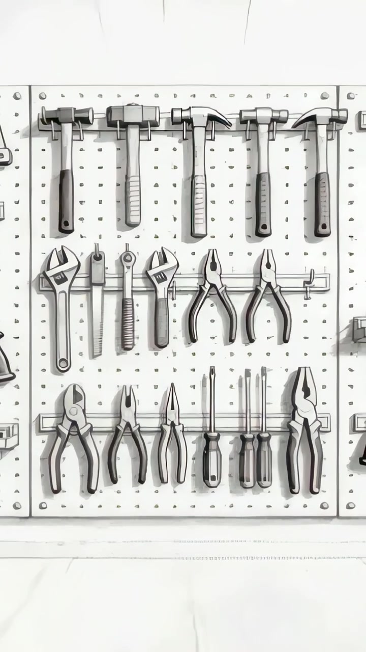 Vertical video: Panning pegboard panel revealing metal rails, hammers wrenches pliers on bench