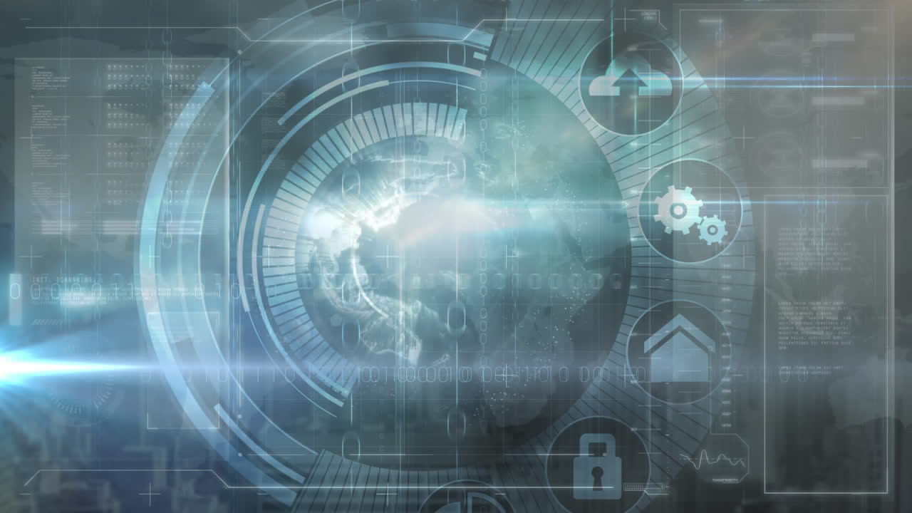 Animation of data processing with globe spinning and scope on digital screen