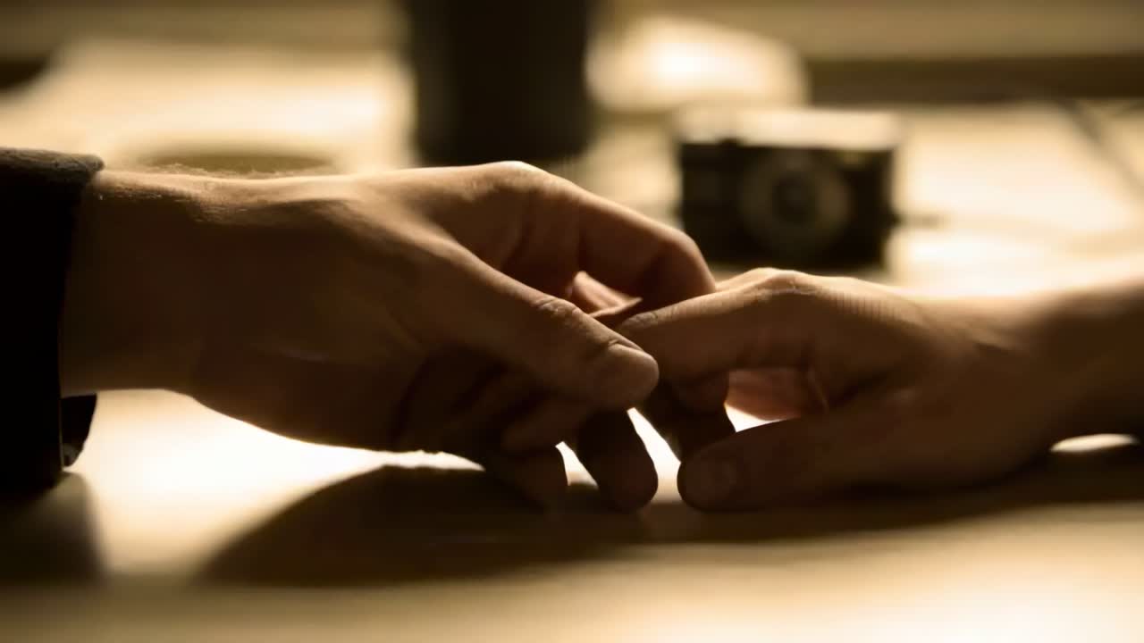Starting fingertip touch two hands sliding into clasp on table left sleeve camera offering comfort