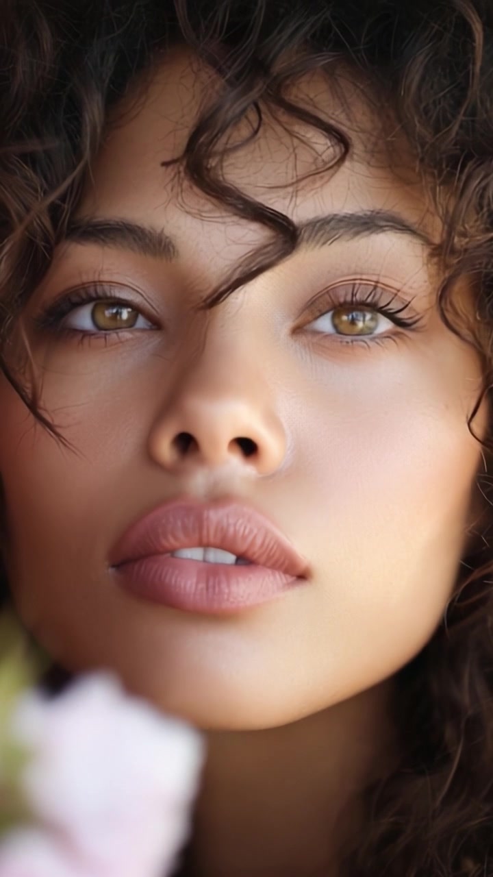 Un ritratto accattivante di una donna con bellezza naturale, che evidenzia i suoi tratti espressivi e riccioli folti in un ambiente sereno e intimo con accenti floreali
