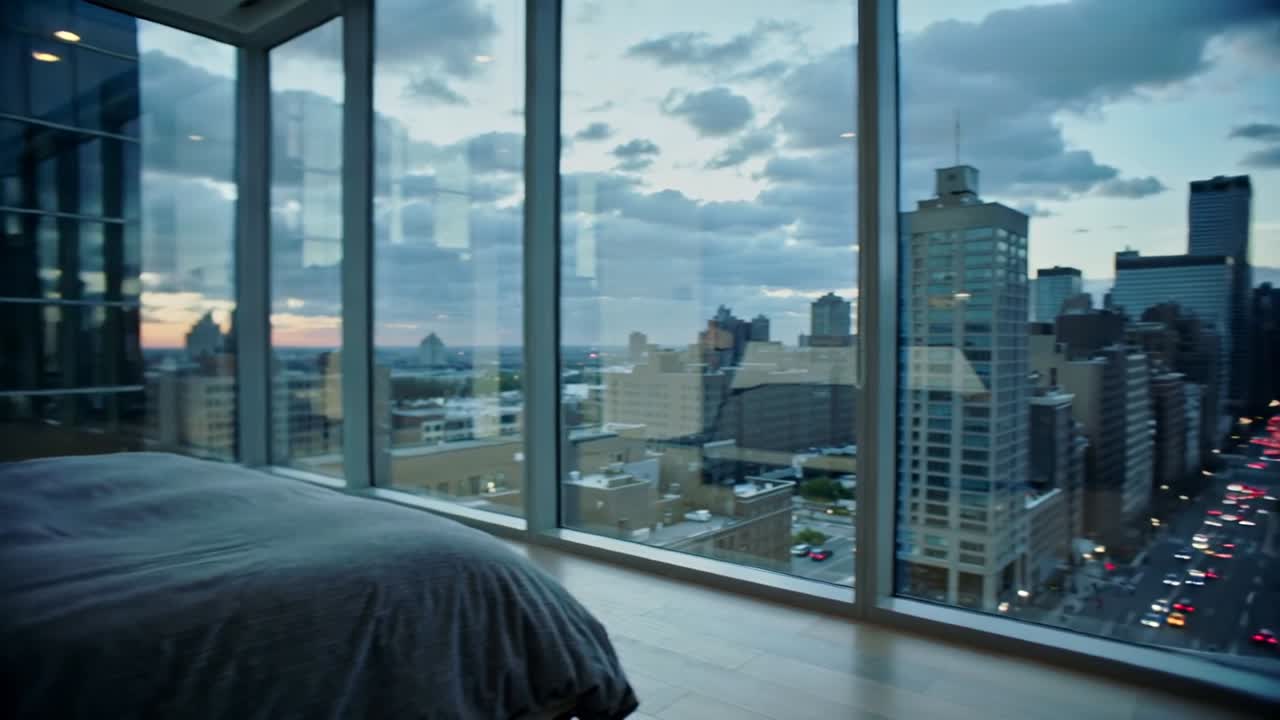 Telecamera che effettua una panoramica dopo aver messo a fuoco il comodino, rivelando una camera da letto in un grattacielo al tramonto, letto e skyline della città