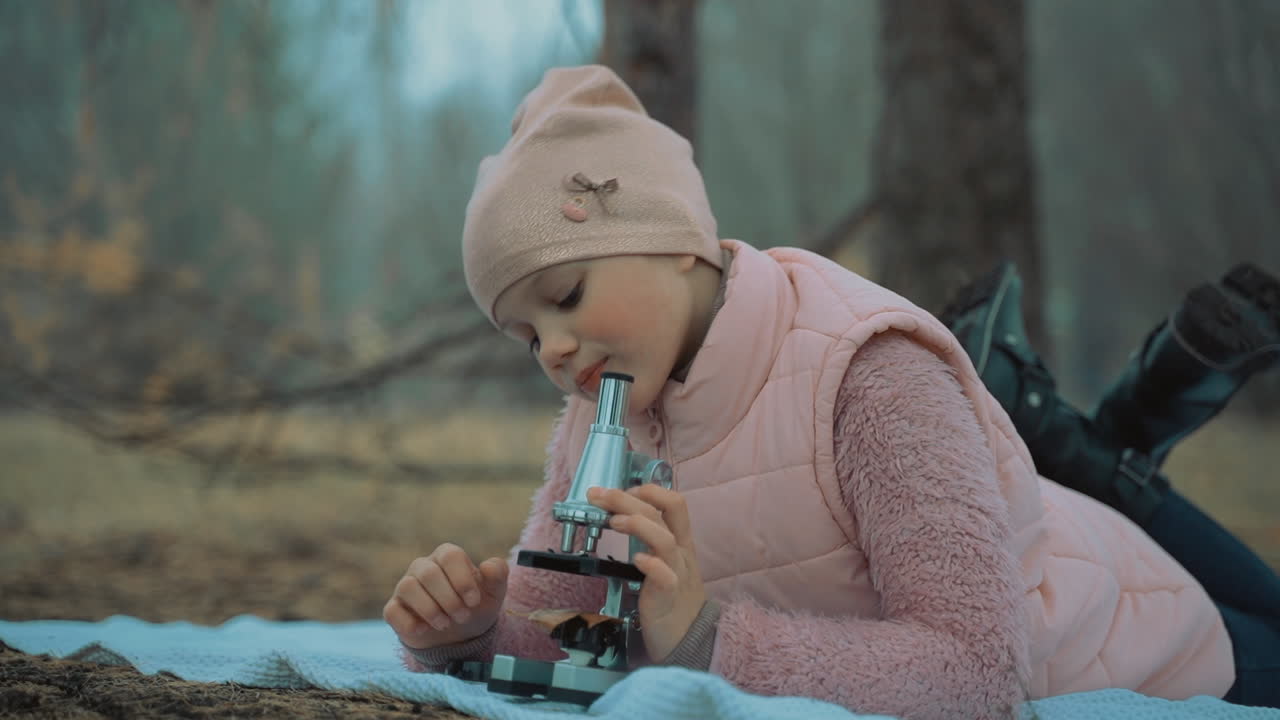 niña mirando a través de un microscopio en el bosque. niño interesado en la naturaleza y la ciencia. primer plano.