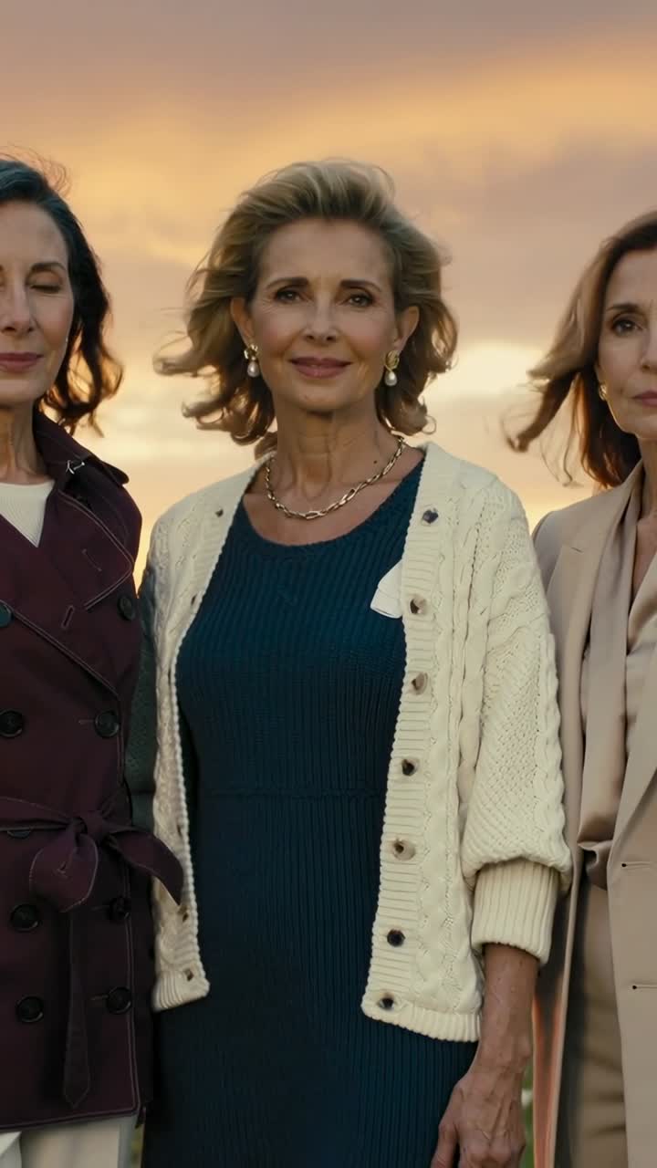 Video vertical: La cámara encuadra a una mujer mayor de pie, sonriendo con un vestido verde azulado al atardecer, para un retrato.