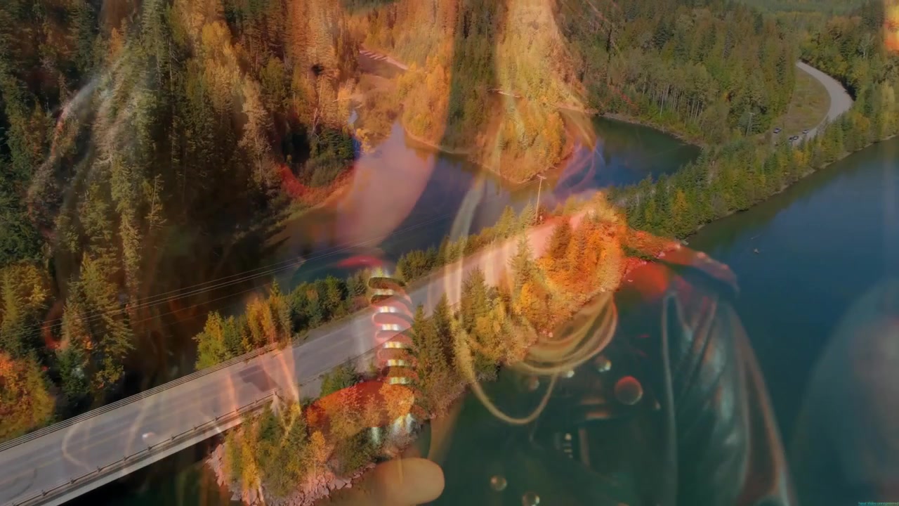 Two musicians performing music in double-exposed autumn lake, with cable microphone and headphones
