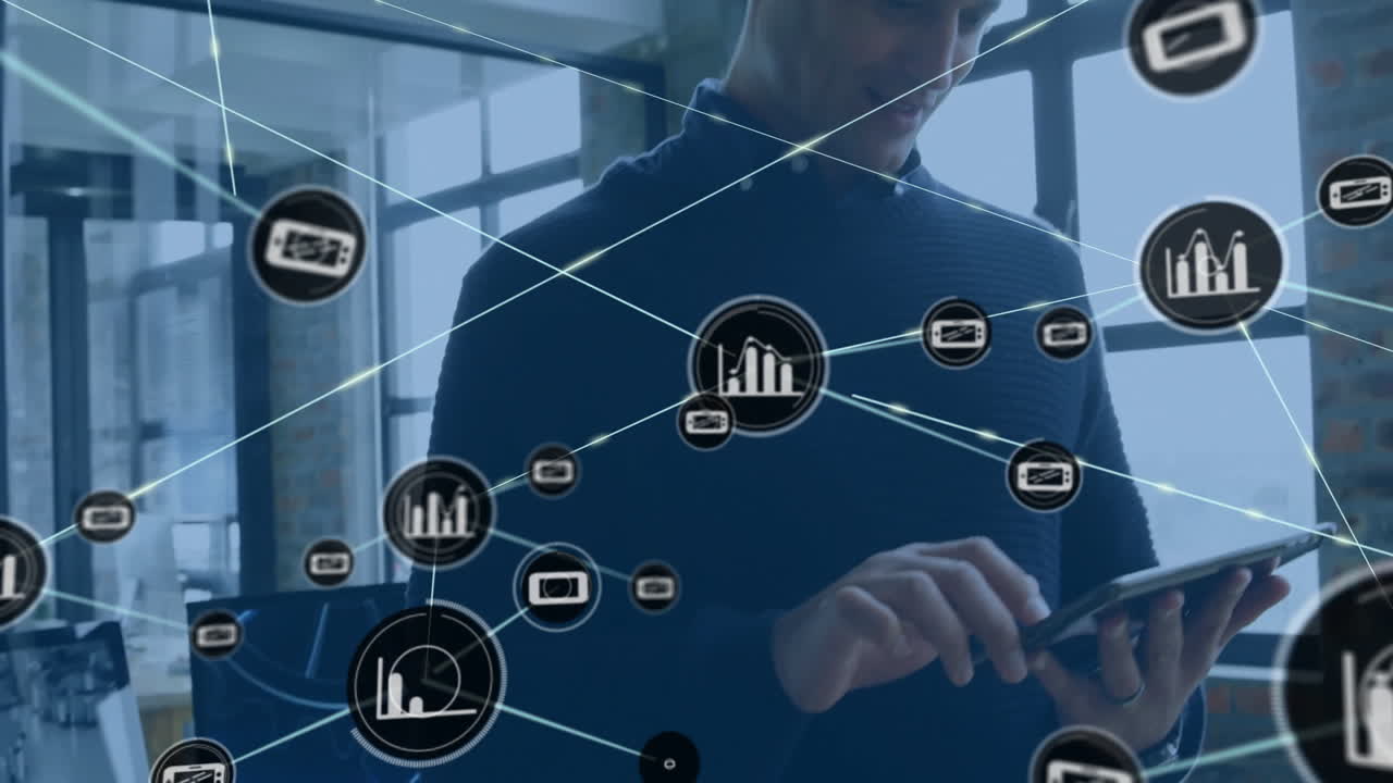 Using smartphone, businessman interacting with network of data icons animation