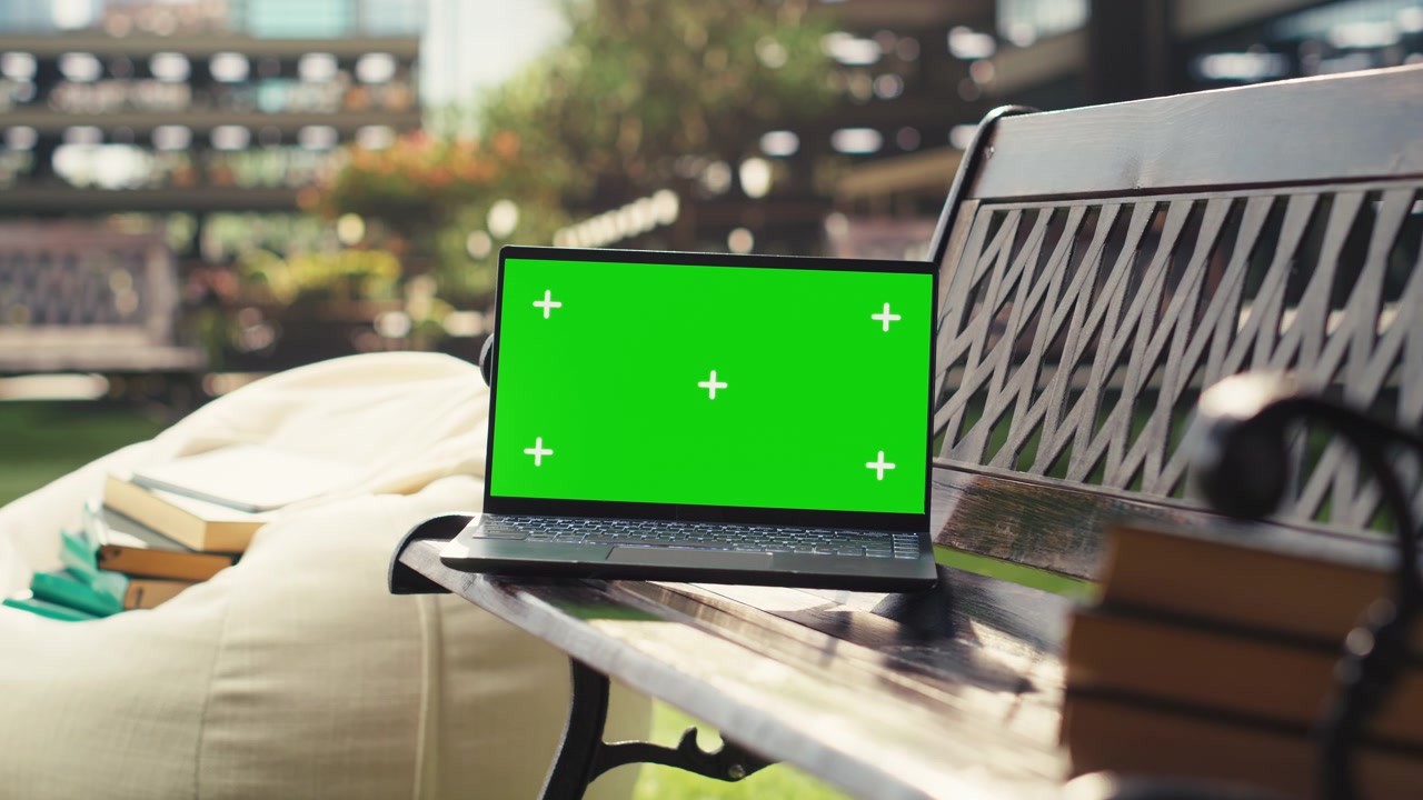Green screen chroma key su laptop visualizzato su una panchina di legno