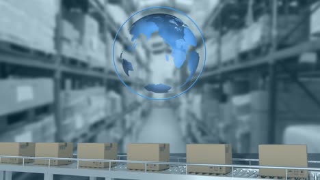 Animation-of-rotating-globe-in-circle,-boxes-moving-on-conveyor-belt-over-warehouse