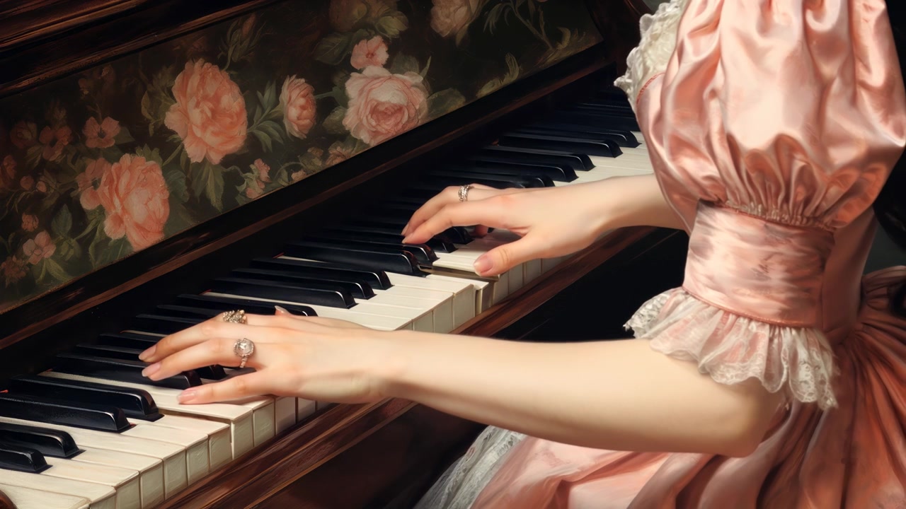 Woman in Vintage Dress Playing Piano