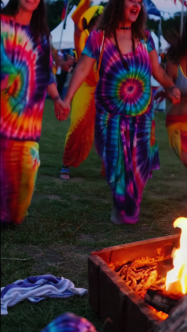 Mulheres Dançando em Círculo ao Redor de uma Fogueira em um Festival