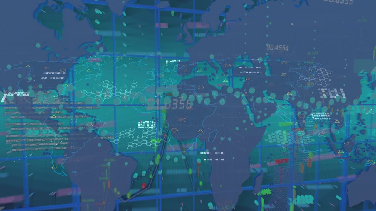 Animation of statistics and financial data processing over world map