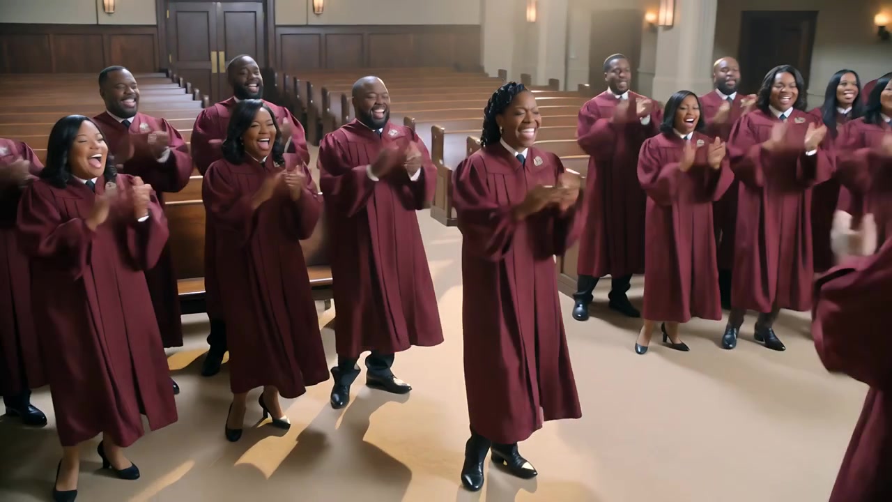Cueing conductor signaling choir clapping and singing at sanctuary to lead worship, burgundy robes