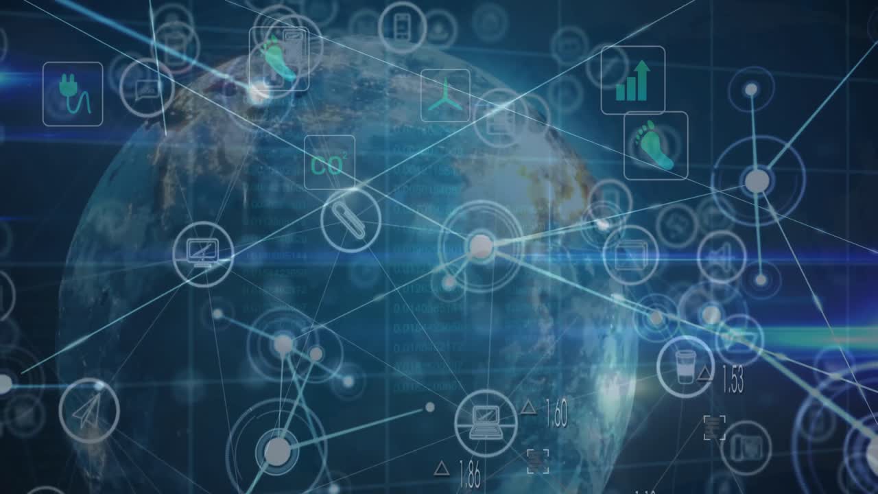 회전하는 지구와 파란 빛 트레일에 대한 연결 네트워크와 디지털 아이콘의 애니메이션