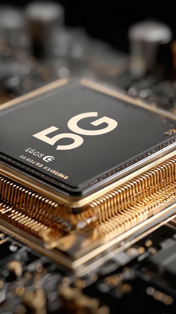 Nærbillede af et 5G-chipset, der viser avanceret teknologi og design inden for moderne elektronik, og som fremhæver dets sofistikerede arkitektur og ydeevne.