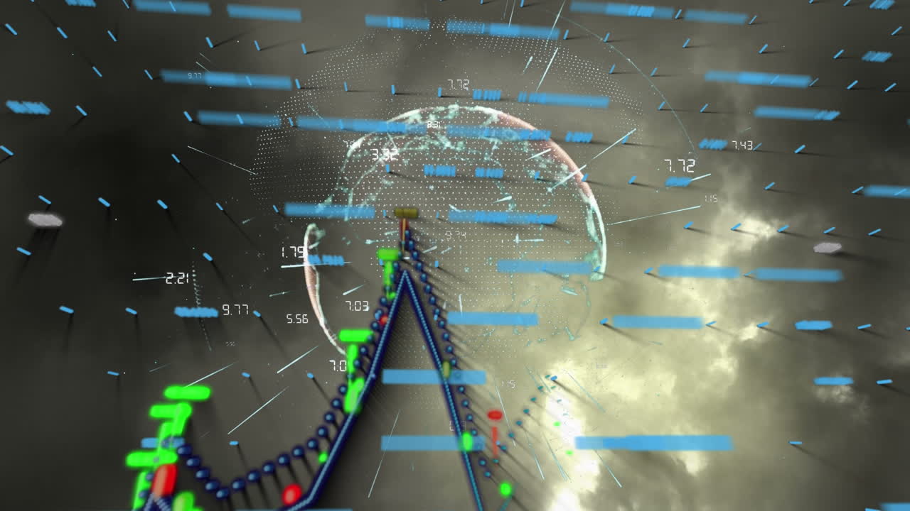 animación de gráficos, flashes y globo sobre fondo gris