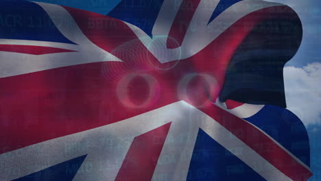 animation of data processing over circles and flag of uk