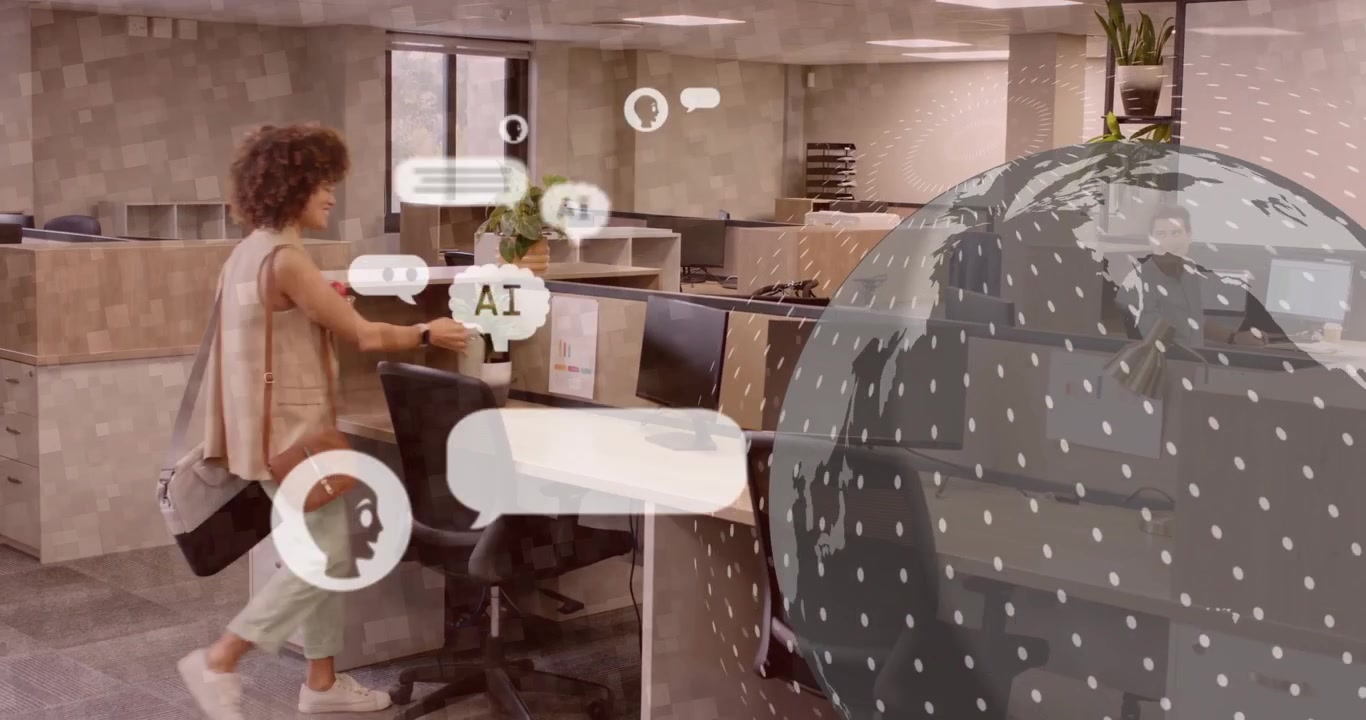 Businesswoman entering office with red mug activating AI icons and globe, arranging plant pot