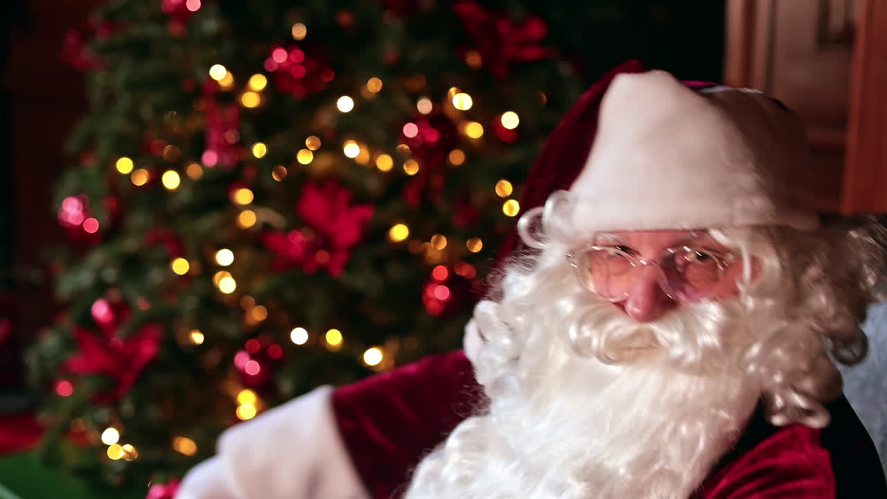 Santa Claus with white beautiful beard and glasses leans in an armchair. Christmas tree with lights at backdrop in blur.