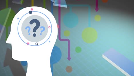 animation of human head with question marks over colourful shapes on white background